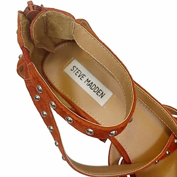 FARA-S Steve Madden Studded Rust Orange Suede Chunky Block Heel Strappy Sandal - Picture 15 of 15